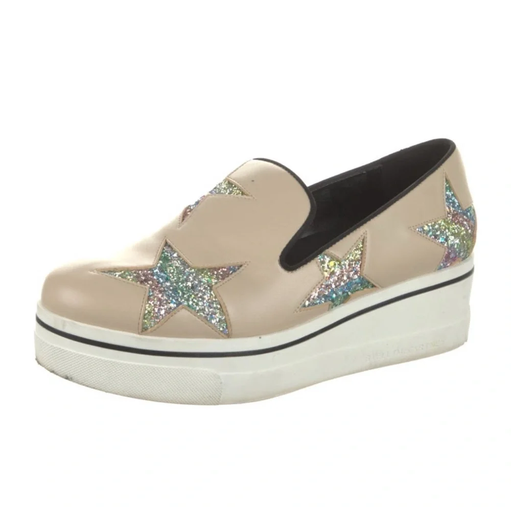Stella McCartney Beige Platform Slip-On Sneakers with Holographic Star Appliques